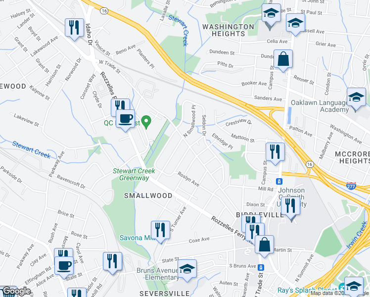 map of restaurants, bars, coffee shops, grocery stores, and more near 104 South Gregg Street in Charlotte