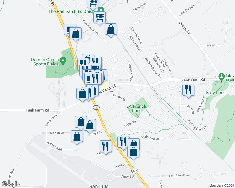 map of restaurants, bars, coffee shops, grocery stores, and more near 810 Alyssum Court in San Luis Obispo