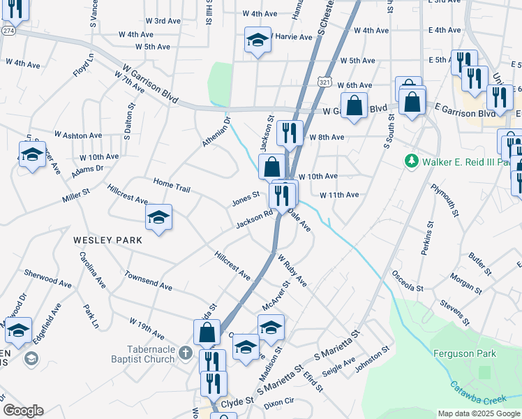 map of restaurants, bars, coffee shops, grocery stores, and more near 1216 Jackson Road in Gastonia