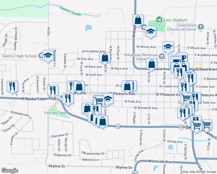 map of restaurants, bars, coffee shops, grocery stores, and more near 1107 West Center Avenue in Searcy