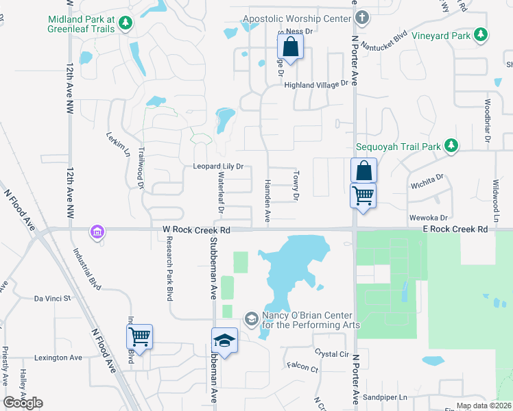 map of restaurants, bars, coffee shops, grocery stores, and more near 2429 Poppy Lane in Norman