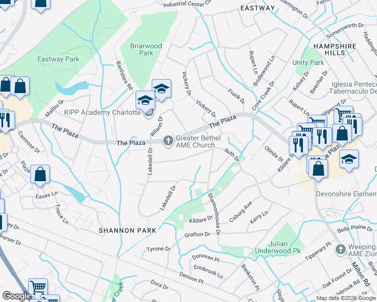 map of restaurants, bars, coffee shops, grocery stores, and more near 5321 Ruth Drive in Charlotte