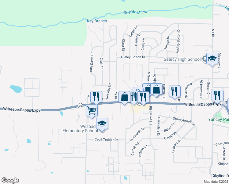 map of restaurants, bars, coffee shops, grocery stores, and more near 113 Joy Drive in Searcy