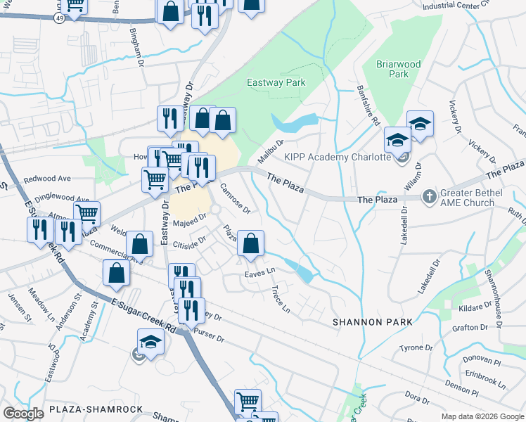 map of restaurants, bars, coffee shops, grocery stores, and more near 601 Blendwood Drive in Charlotte