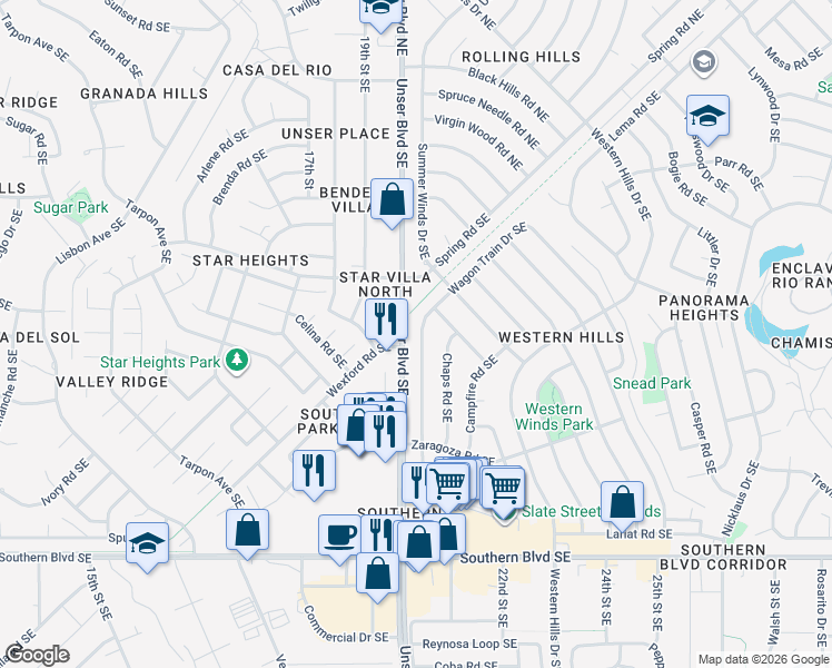 map of restaurants, bars, coffee shops, grocery stores, and more near 601 Wagon Train Drive Southeast in Rio Rancho