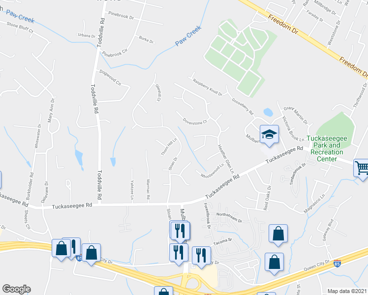 map of restaurants, bars, coffee shops, grocery stores, and more near 2521 Sloan Drive in Charlotte