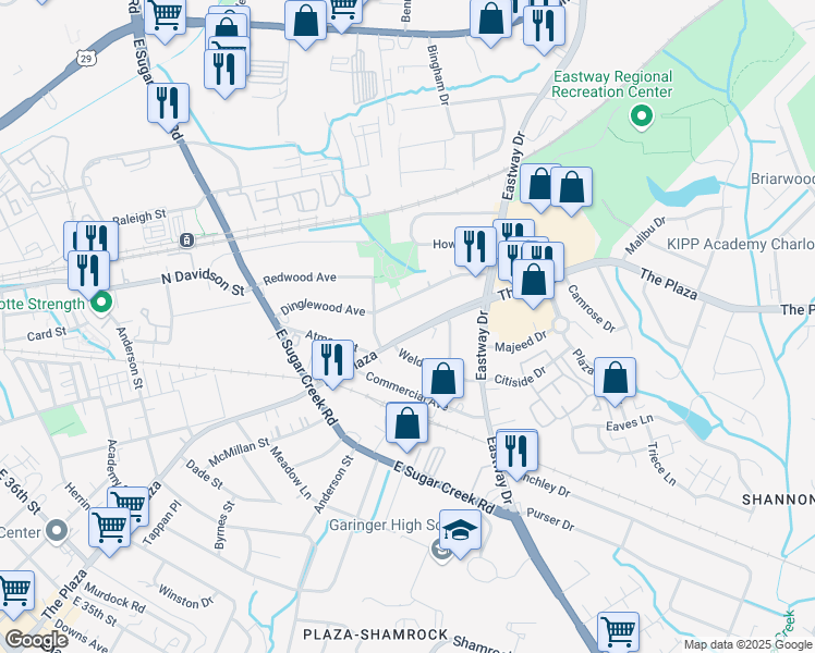 map of restaurants, bars, coffee shops, grocery stores, and more near 4233 The Plaza in Charlotte
