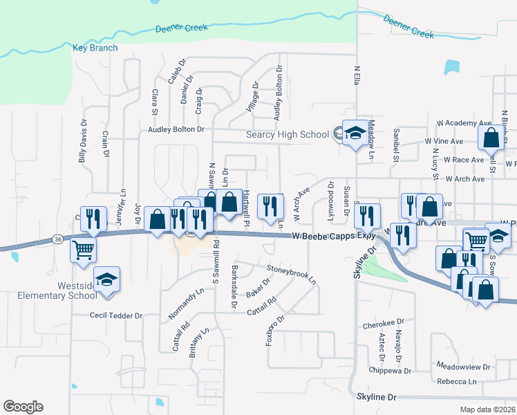 map of restaurants, bars, coffee shops, grocery stores, and more near 115 North Greer Drive in Searcy