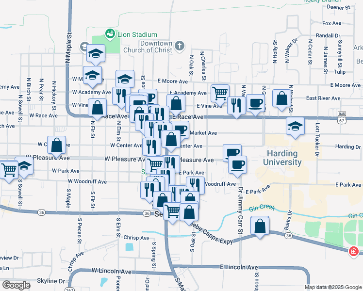 map of restaurants, bars, coffee shops, grocery stores, and more near 310 East Center Avenue in Searcy