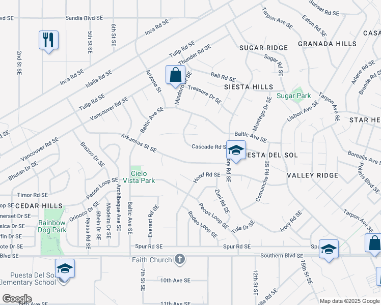 map of restaurants, bars, coffee shops, grocery stores, and more near 824 Arkansas Street Southeast in Rio Rancho