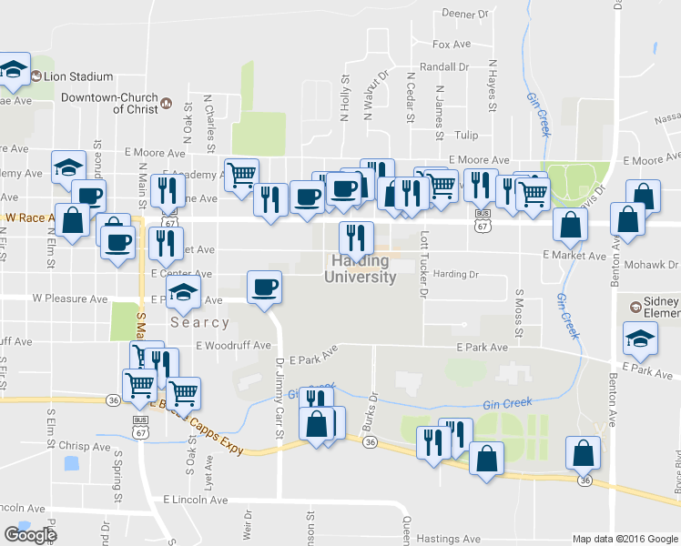 map of restaurants, bars, coffee shops, grocery stores, and more near 900 East Center Avenue in Searcy
