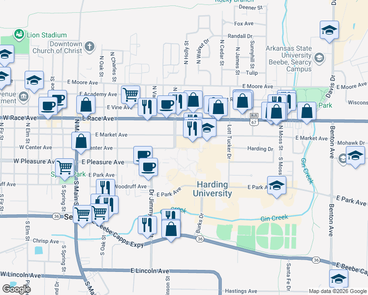 map of restaurants, bars, coffee shops, grocery stores, and more near 704 East Center Avenue in Searcy
