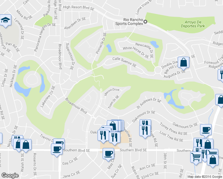 map of restaurants, bars, coffee shops, grocery stores, and more near Marino Drive in Rio Rancho
