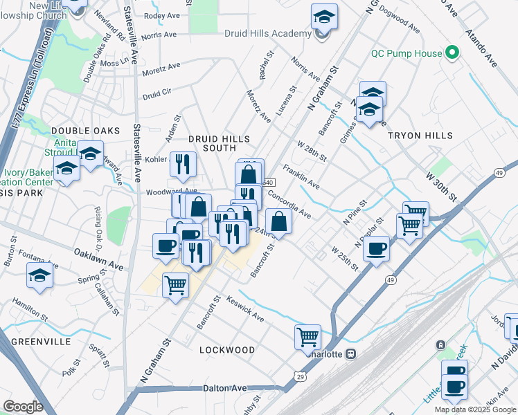 map of restaurants, bars, coffee shops, grocery stores, and more near 2114 N Graham St in Charlotte