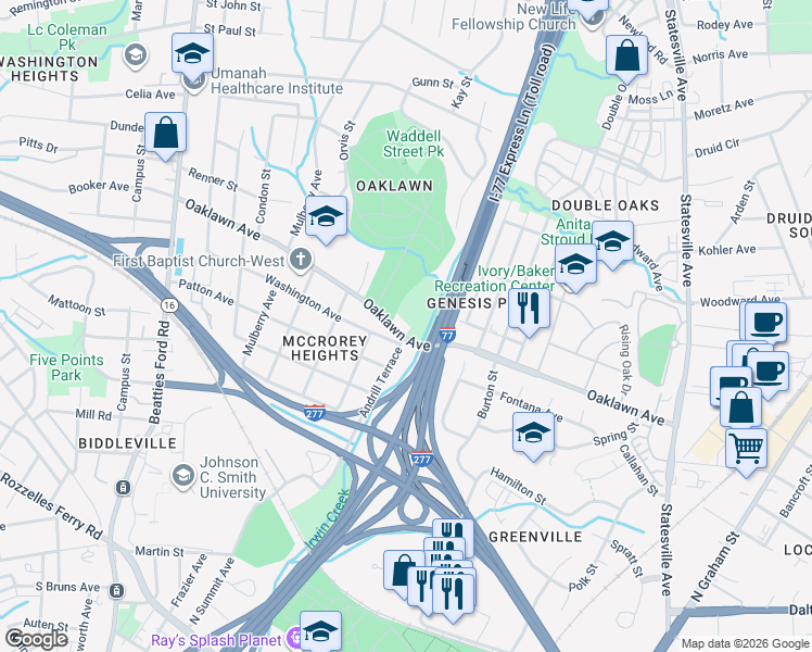 map of restaurants, bars, coffee shops, grocery stores, and more near 1544 Oaklawn Avenue in Charlotte