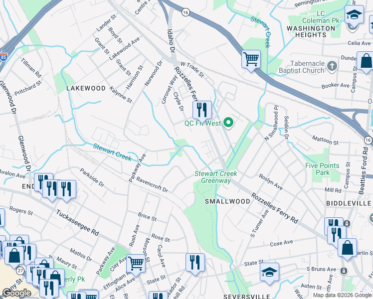 map of restaurants, bars, coffee shops, grocery stores, and more near 2759 Coronet Way in Charlotte