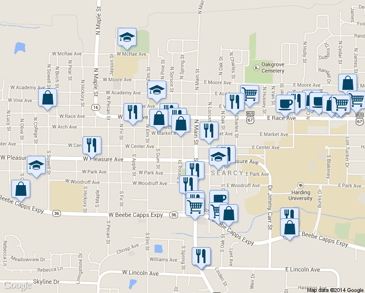 map of restaurants, bars, coffee shops, grocery stores, and more near W Center Ave & N Spring St in Searcy