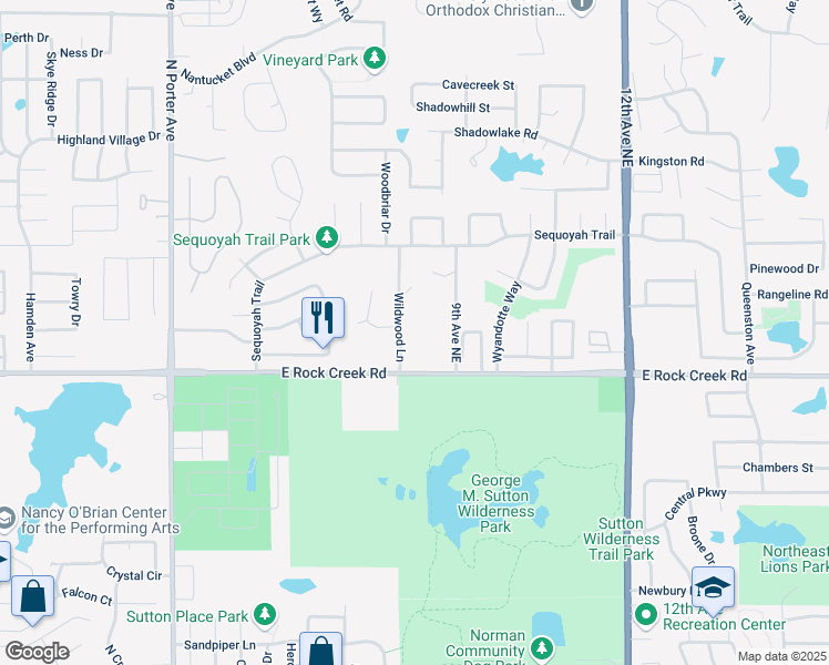 map of restaurants, bars, coffee shops, grocery stores, and more near 2410 Wildwood Lane in Norman