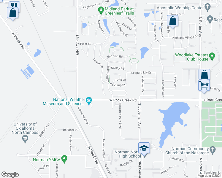 map of restaurants, bars, coffee shops, grocery stores, and more near 825 Humming Fish Drive in Norman