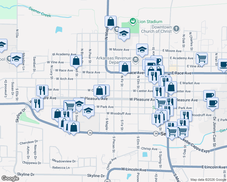 map of restaurants, bars, coffee shops, grocery stores, and more near 707 W Center Ave in Searcy
