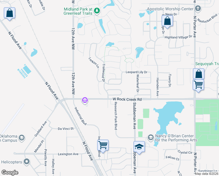map of restaurants, bars, coffee shops, grocery stores, and more near 817 Humming Fish Drive in Norman