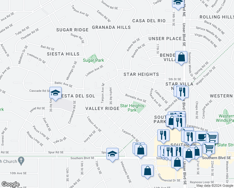 map of restaurants, bars, coffee shops, grocery stores, and more near 1650 Domain Loop Southeast in Rio Rancho