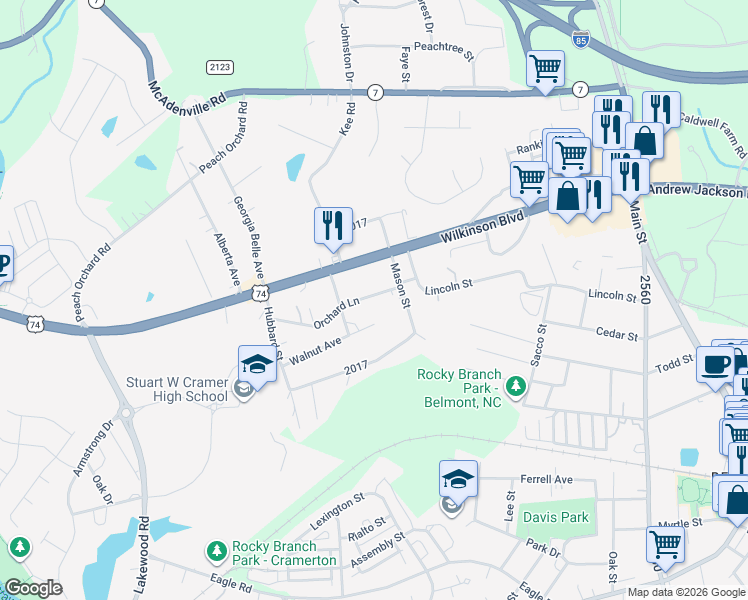 map of restaurants, bars, coffee shops, grocery stores, and more near 407 Orchard Lane in Belmont