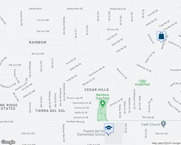 map of restaurants, bars, coffee shops, grocery stores, and more near 607 Vancouver Road Southeast in Rio Rancho