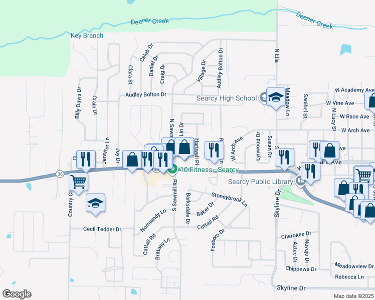 map of restaurants, bars, coffee shops, grocery stores, and more near 109 Nicole Drive in Searcy