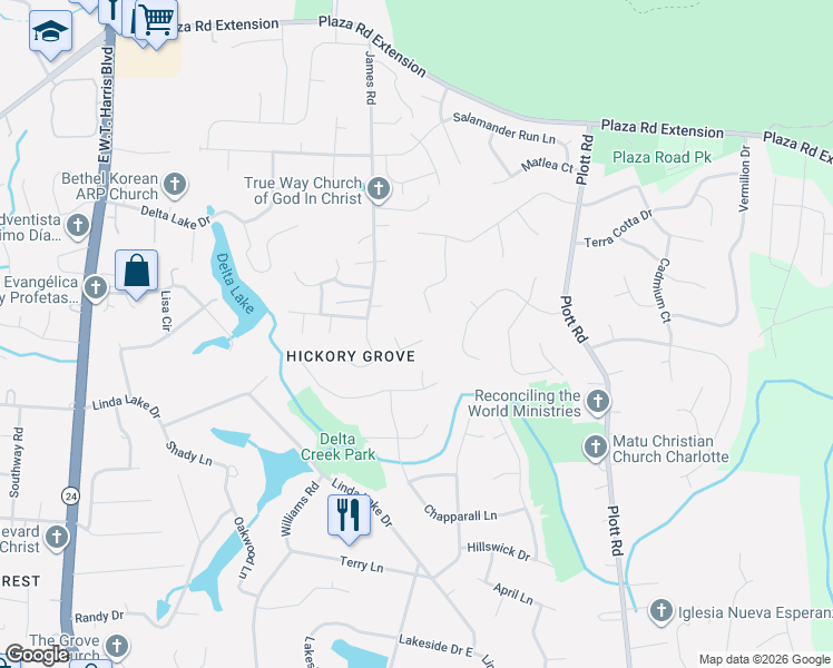 map of restaurants, bars, coffee shops, grocery stores, and more near 7219 William Reynolds Drive in Charlotte