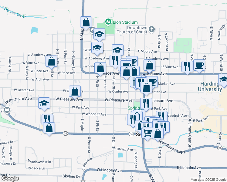 map of restaurants, bars, coffee shops, grocery stores, and more near 107 North Elm Street in Searcy