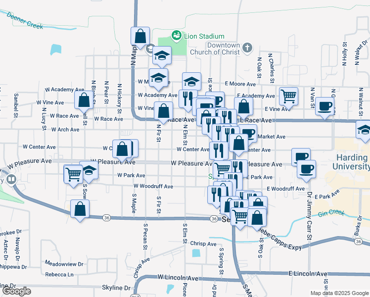 map of restaurants, bars, coffee shops, grocery stores, and more near 107 North Elm Street in Searcy
