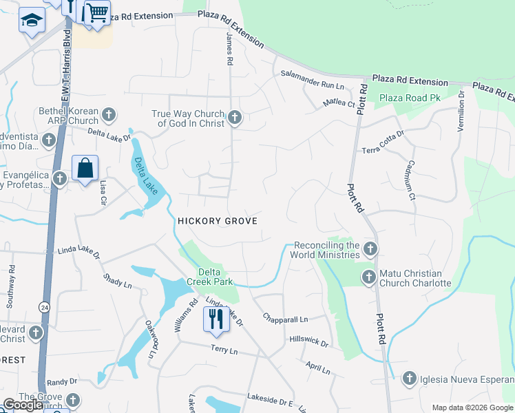 map of restaurants, bars, coffee shops, grocery stores, and more near 7219 William Reynolds Drive in Charlotte