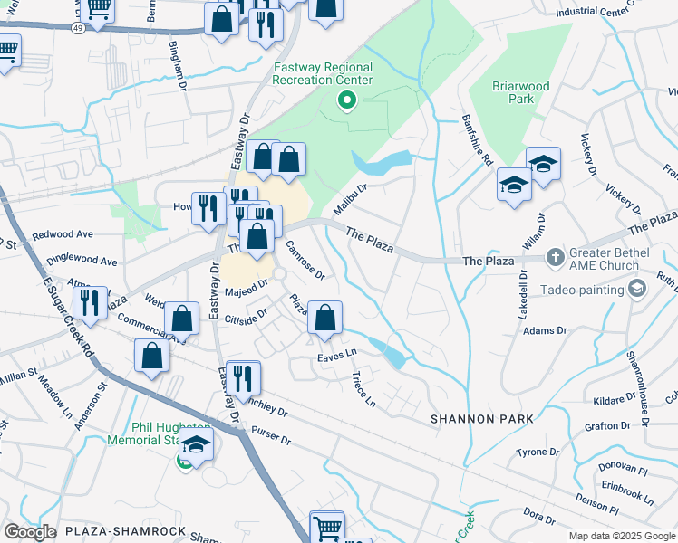 map of restaurants, bars, coffee shops, grocery stores, and more near 609 Blendwood Drive in Charlotte