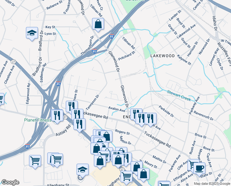 map of restaurants, bars, coffee shops, grocery stores, and more near 3640 Hashem Drive in Charlotte