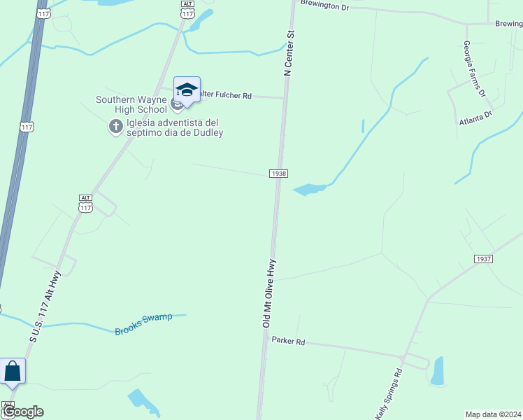 map of restaurants, bars, coffee shops, grocery stores, and more near 2945 Old Mount Olive Highway in Wayne County