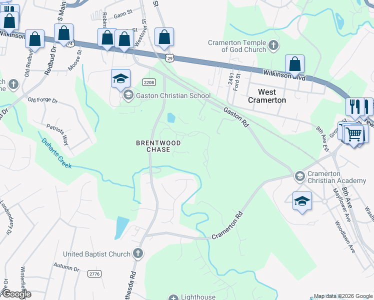 map of restaurants, bars, coffee shops, grocery stores, and more near 1650 Lowell Bethesda Road in Gastonia