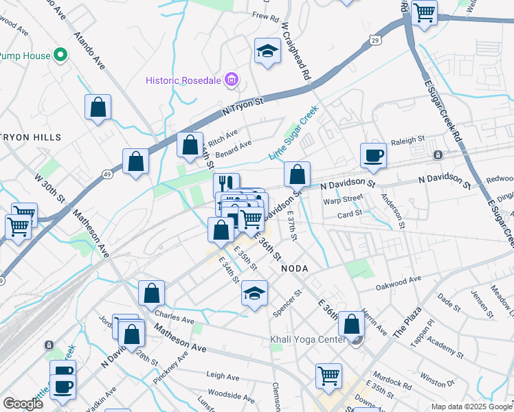 map of restaurants, bars, coffee shops, grocery stores, and more near 423 East 36th Street in Charlotte