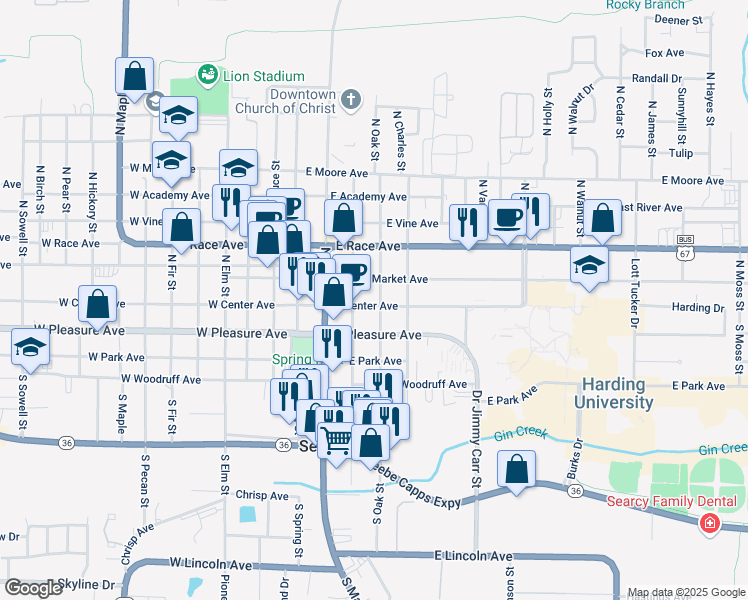 map of restaurants, bars, coffee shops, grocery stores, and more near 310 East Center Avenue in Searcy