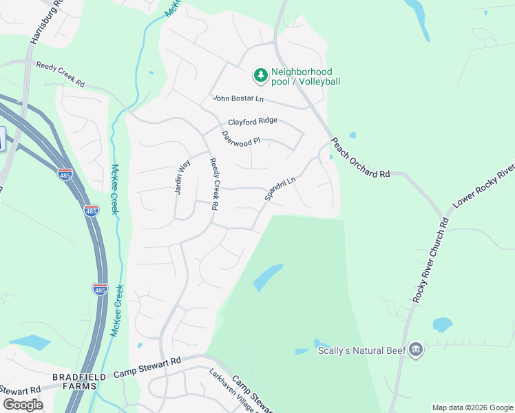 map of restaurants, bars, coffee shops, grocery stores, and more near 6907 Spandril Lane in Charlotte