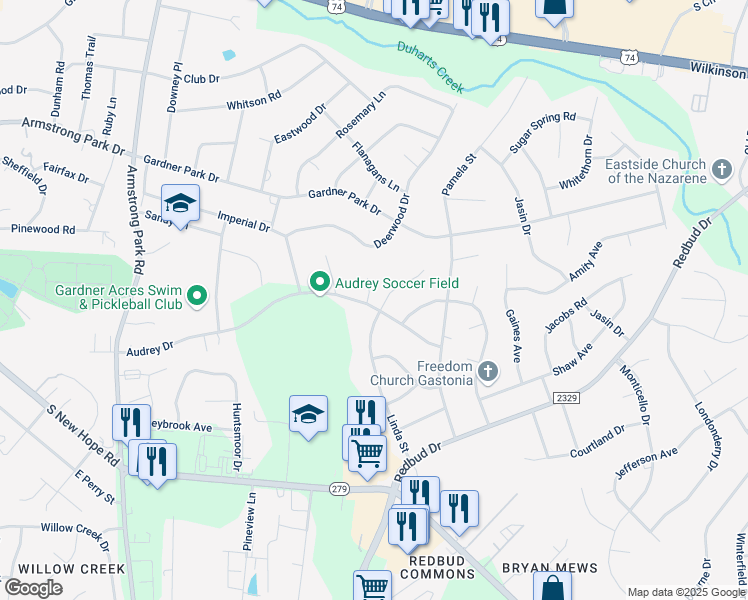 map of restaurants, bars, coffee shops, grocery stores, and more near 3316 Audrey Drive in Gastonia