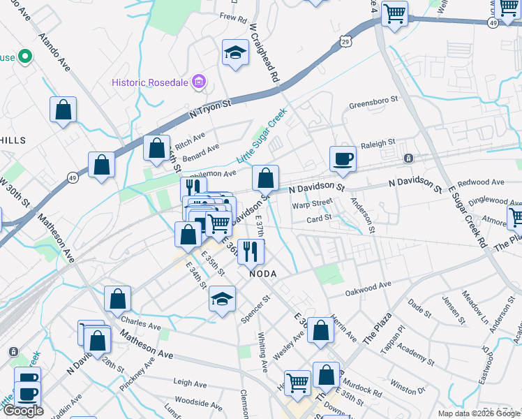 map of restaurants, bars, coffee shops, grocery stores, and more near in Charlotte
