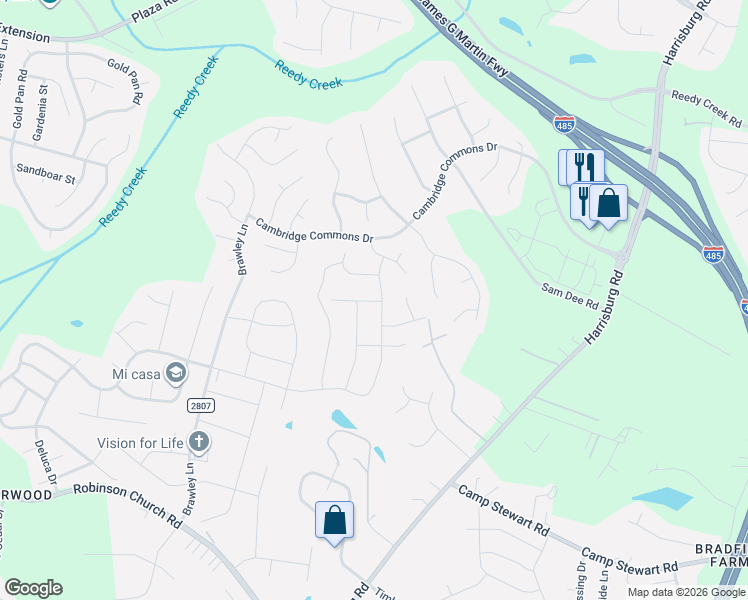 map of restaurants, bars, coffee shops, grocery stores, and more near 10642 Bradstreet Commons Way in Charlotte