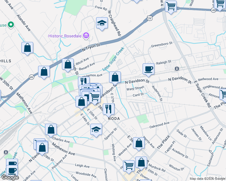 map of restaurants, bars, coffee shops, grocery stores, and more near in Charlotte