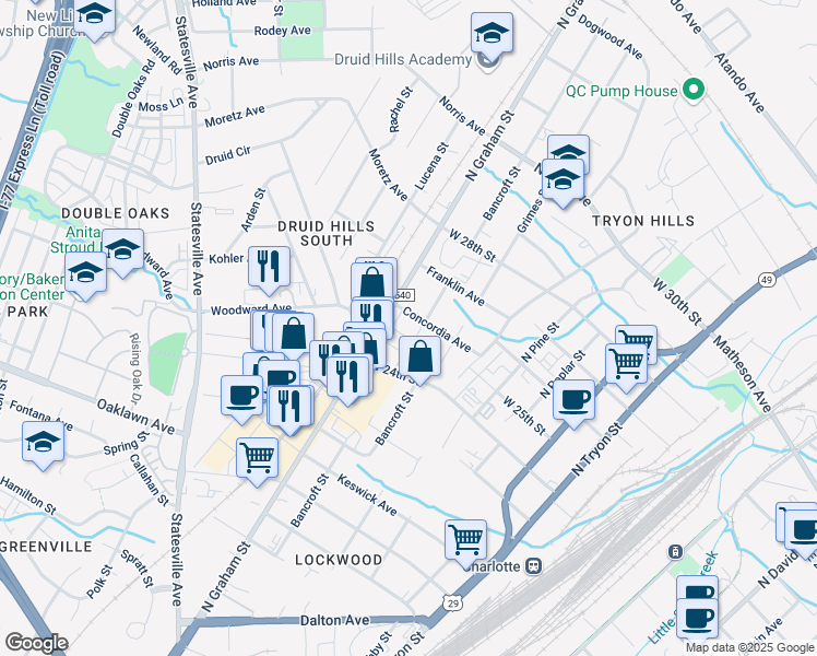 map of restaurants, bars, coffee shops, grocery stores, and more near 2219 Bancroft Street in Charlotte