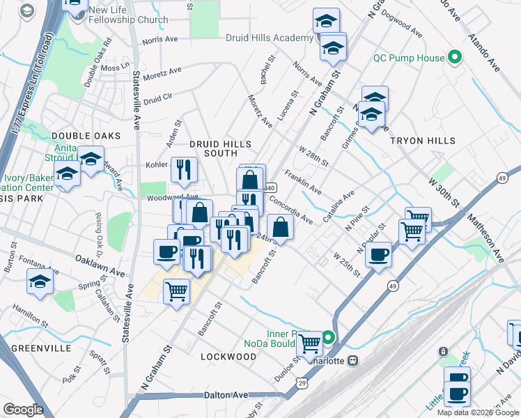 map of restaurants, bars, coffee shops, grocery stores, and more near 2114 N Graham St in Charlotte