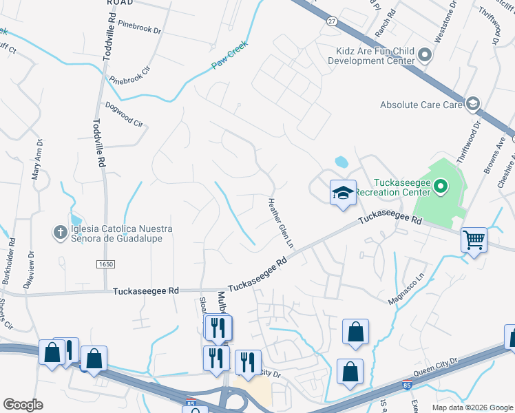 map of restaurants, bars, coffee shops, grocery stores, and more near 2621 Baystock Road in Charlotte