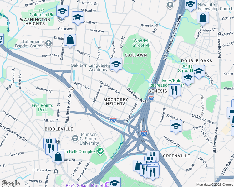 map of restaurants, bars, coffee shops, grocery stores, and more near 1648 Patton Avenue in Charlotte