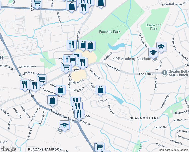 map of restaurants, bars, coffee shops, grocery stores, and more near 620 Camrose Drive in Charlotte