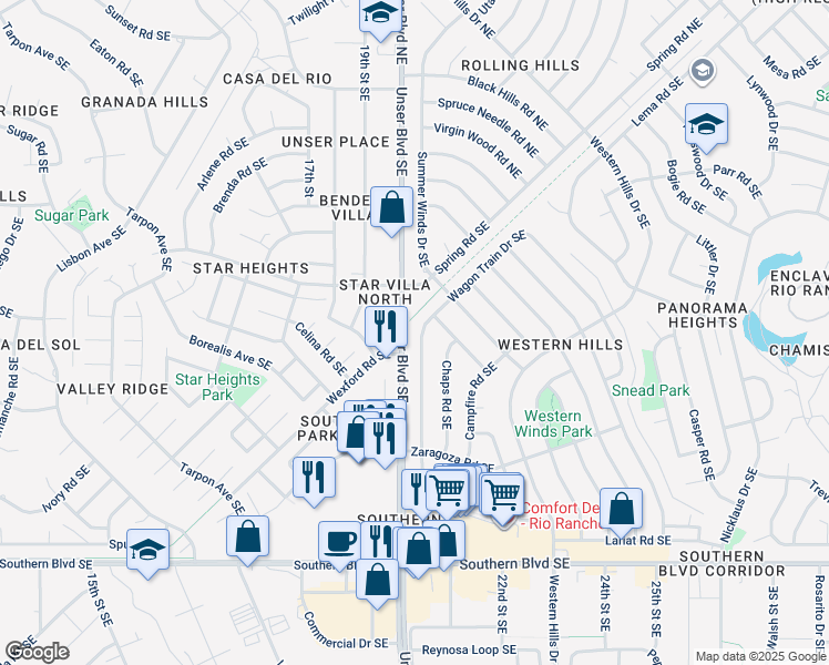 map of restaurants, bars, coffee shops, grocery stores, and more near 591 Wagon Train Drive Southeast in Rio Rancho